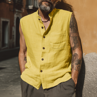 Terrance | Men'S Casual Breathable Linen Stand Collar Patch Pocket Loose Sleeveless Shirt