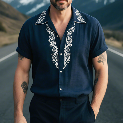 Frederick | Men'S Retro Casual Linen Palace Style Embroidered Lapel Short Sleeve Shirt