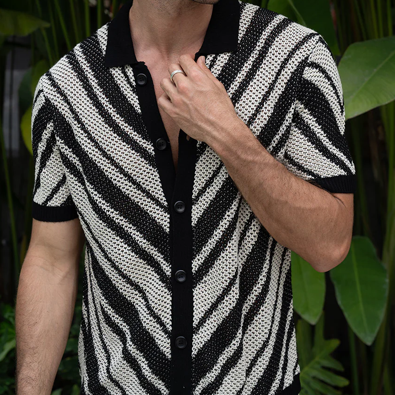 Ellis | Men'S Spring And Summer Fashion Retro Hollow Striped Knitted Short-Sleeved Shirt