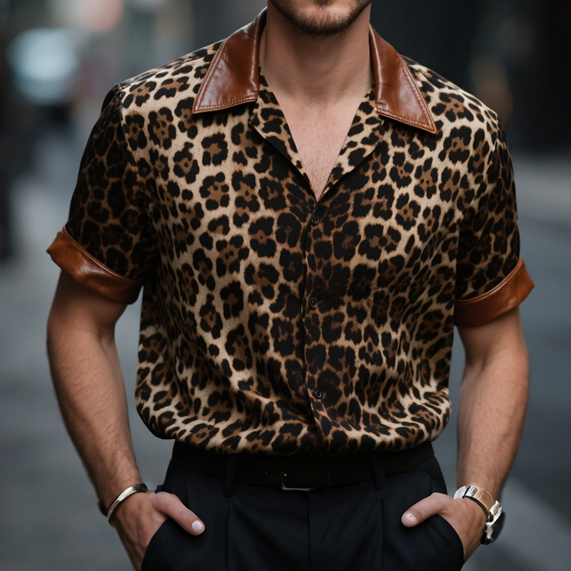 Jack | Men'S Retro Casual Leopard Print Leather Lapel Short Sleeve Shirt