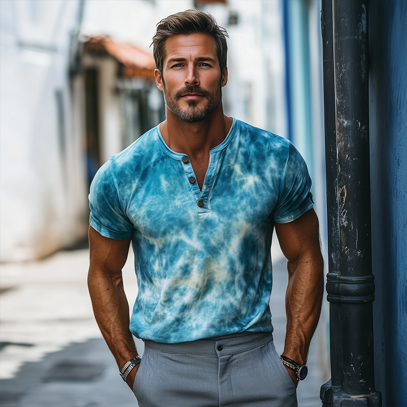 Jared | Men'S Retro Casual Gradient Print Henley Neck Short Sleeve T-Shirt