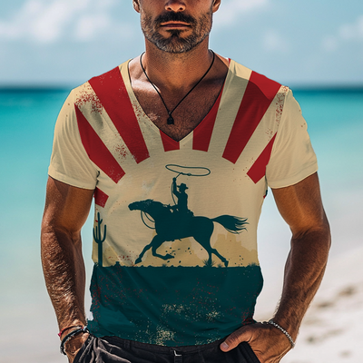 Nicholas | Men'S Western Cowboy Style Printed Short-Sleeved V-Neck T-Shirt