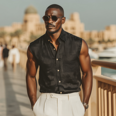 Bob | Men'S Casual Solid Color Tencel Blended Lapel Lace Patch Pocket Slim Fit Sleeveless Shirt