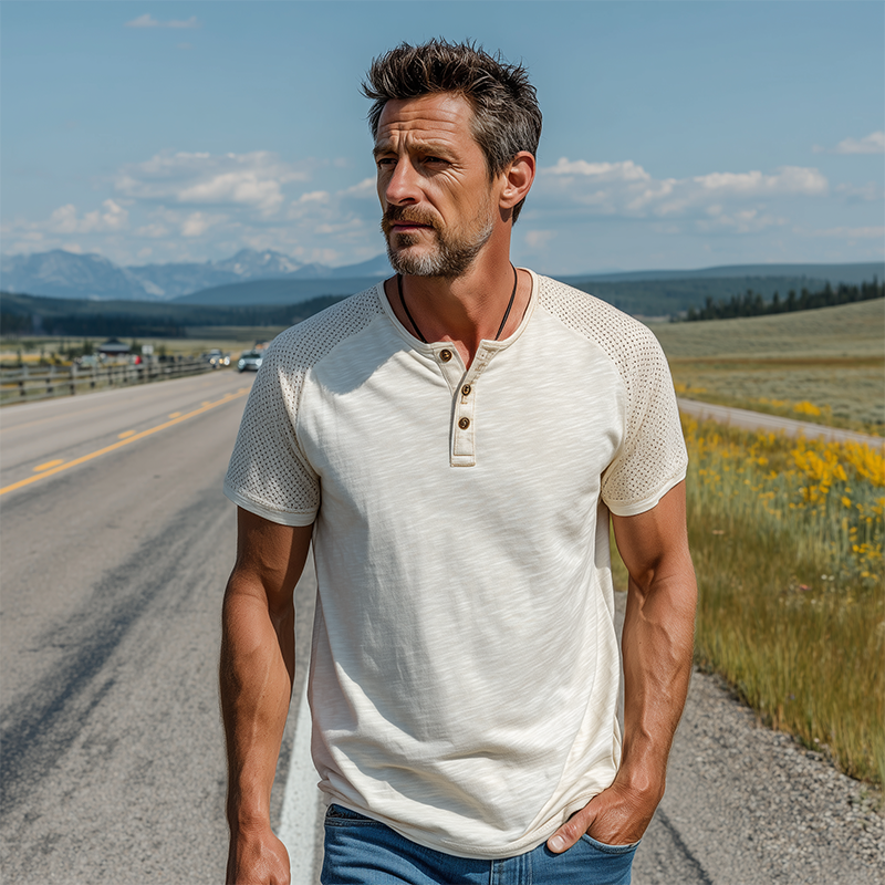 Zane | Men'S Spring And Summer Fashion Casual Cotton Blended Shoulder Splicing Mesh Henley Collar Short Sleeve T-Shirt