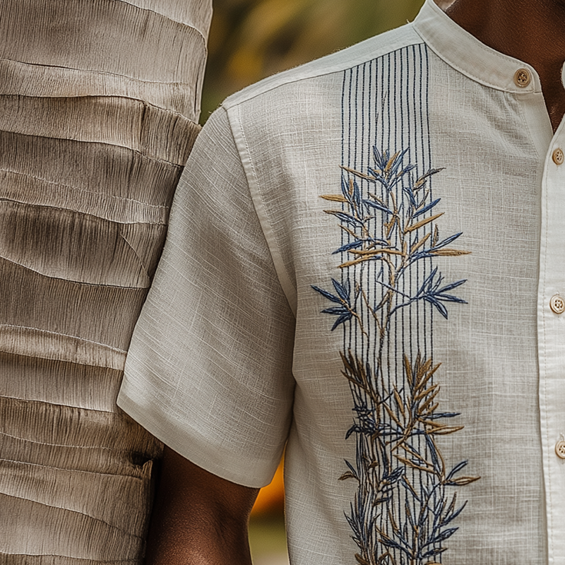Wayne | Men'S Summer Fashion Leaf Embroidery Slub Linen Henley Collar Short Sleeve Shirt