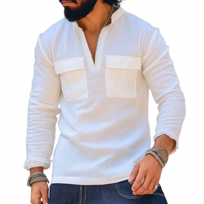 Bernard | Men'S Casual Cotton Solid Color V-Neck Chest Pocket Pullover Slim Fit Long Sleeve Shirt