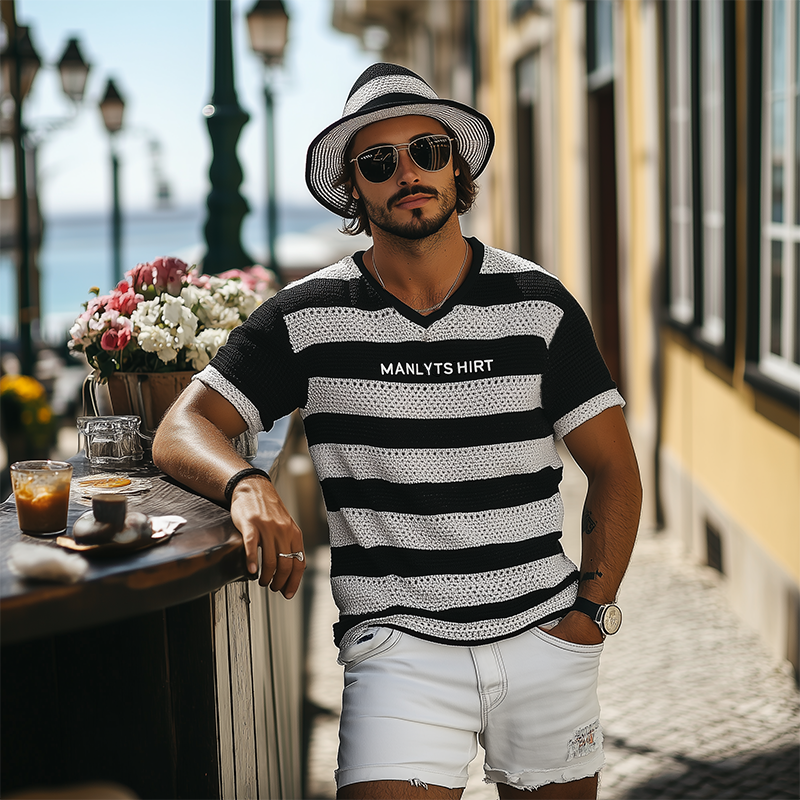 Max | Men'S Summer Fashion Casual V-Neck Knitted Black And White Horizontal Stripes Letter Embroidered Short-Sleeved T-Shirt