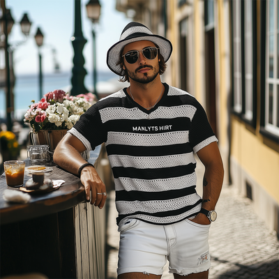 Max | Men'S Summer Fashion Casual V-Neck Knitted Black And White Horizontal Stripes Letter Embroidered Short-Sleeved T-Shirt