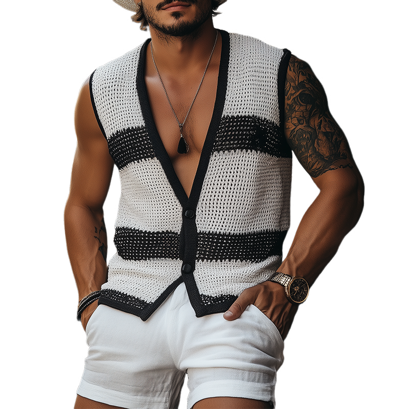 Martin | Men'S Summer Fashion Casual Black And White Horizontal Striped Deep V-Neck Knitted Vest