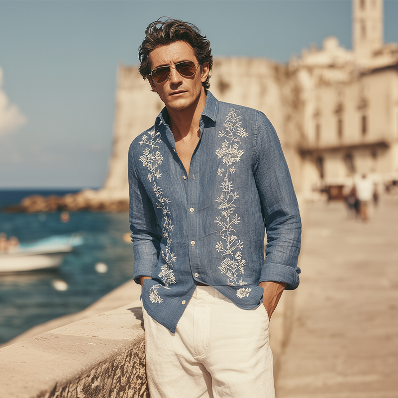 Antoine | Men'S Spring And Summer Retro Exquisite Embroidered Tencel Cotton Lapel Long-Sleeved Shirt