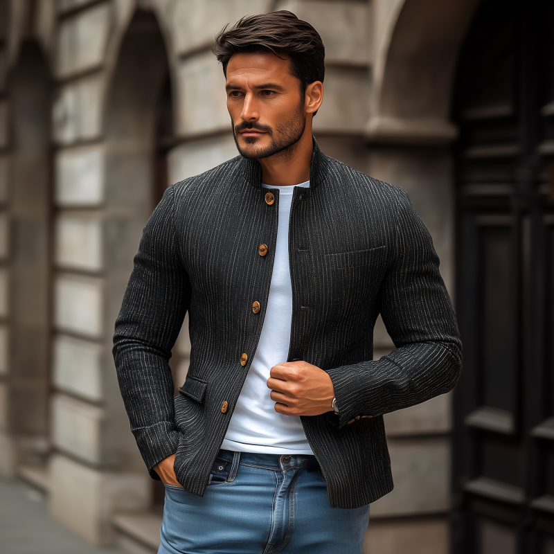 Lee | Men'S Stylish Linen Striped Stand Collar Single Breasted Slim Short Blazer