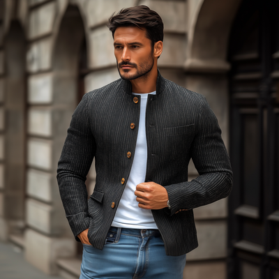 Lee | Men'S Stylish Linen Striped Stand Collar Single Breasted Slim Short Blazer