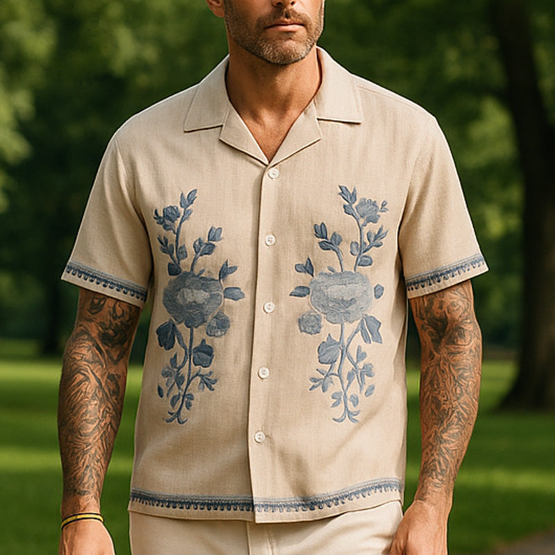 Scott | Men'S Summer Casual Linen Embroidered Short Sleeve Shirt