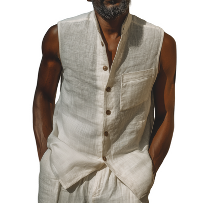 Bradley | Men'S Casual Solid Color Breathable Cotton Linen Stand-Up Collar Patch Pocket Slim Sleeveless Shirt