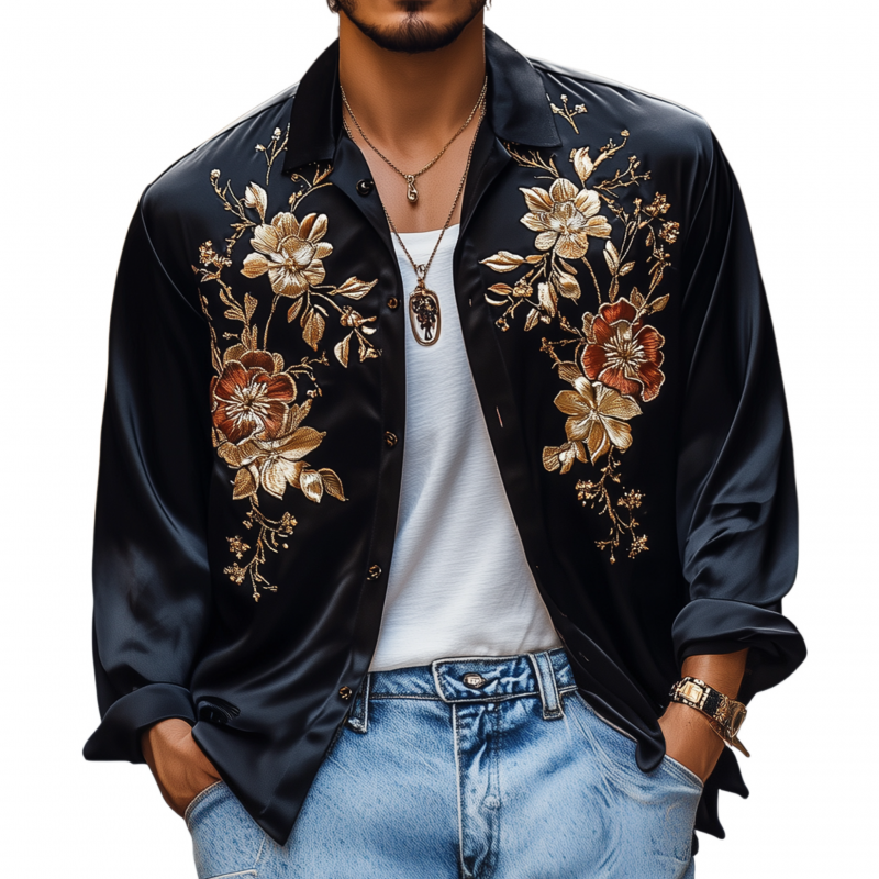 Juan | Men'S Vintage Flower Embroidery Elegant Solid Satin Lapel Loose Long Sleeve Shirt