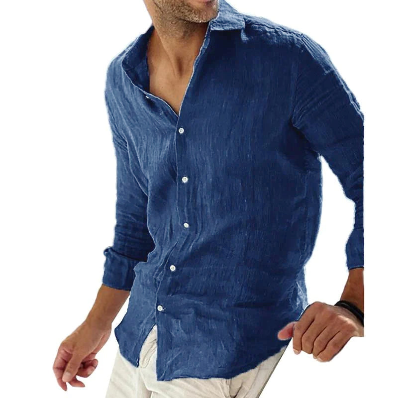 Men's Casal Solid Color Cotn Linen Lapel Collar Breathable Long Sleeve Shirt
