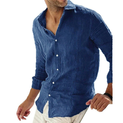 Men's Casal Solid Color Cotn Linen Lapel Collar Breathable Long Sleeve Shirt