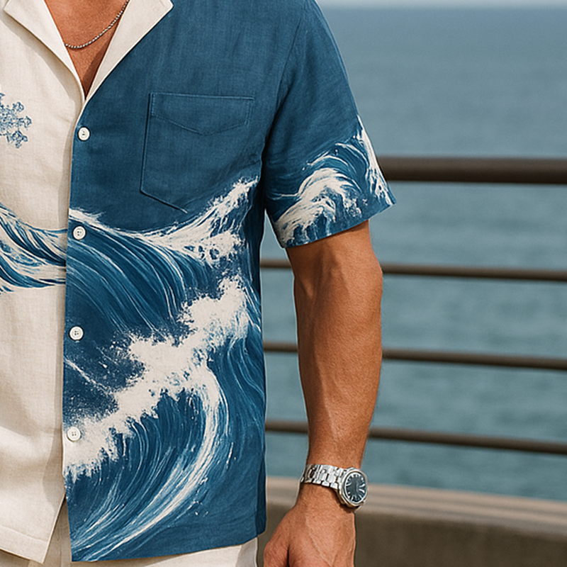 Edgar | Men'S Summer Fashion Wave Printed Cotton And Linen Short Sleeve Shirt