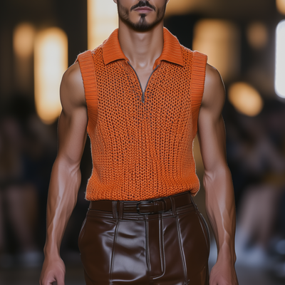 Gabriel | Men'S Casual Solid Color Lapel Zipper Slim Fit Breathable Knit Tank Top