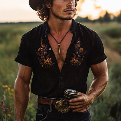 Men's Vine Embroidered Lapel Short Sleeve ShirtX