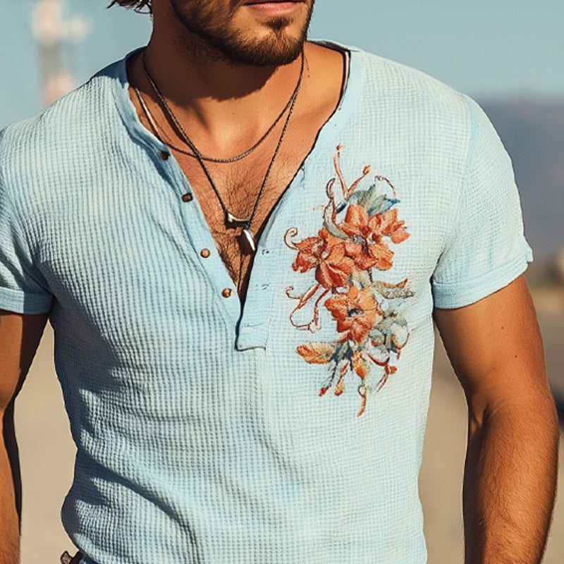 Ricardo | Men'S Waffle Henley Neck Embroidered Short Sleeve T-Shirt