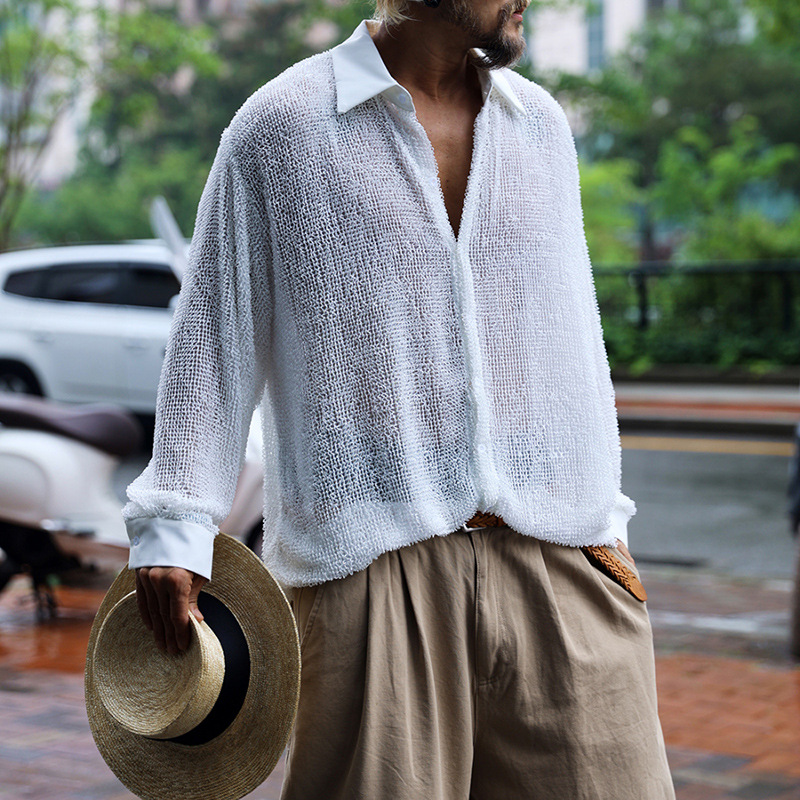 Royce | Men'S Casual Breathable Hollow Mesh Patchwork Lapel Loose Long-Sleeved Shirt