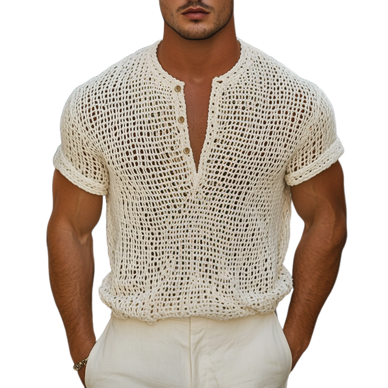 Mauricio | Men'S Solid Knit Hollow Henley Collar Short Sleeve T-Shirt