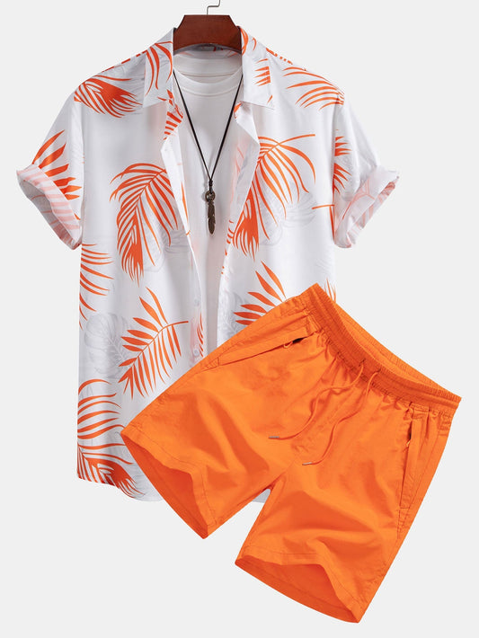 Adelelmo® | Leaf Print Button Up Shirt & Swim Shorts