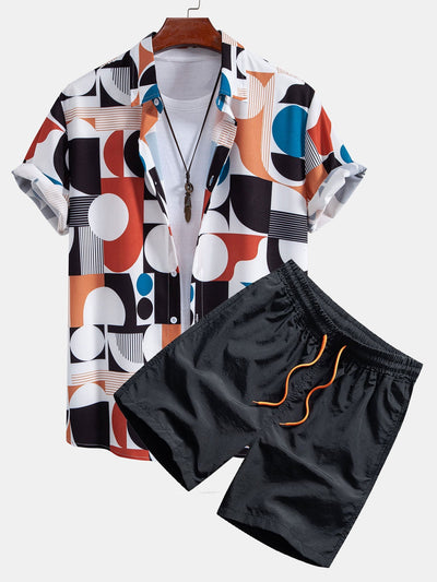 Luis® | Color Block Geometry Print Button Up Shirt & Drawstring Swim Shorts
