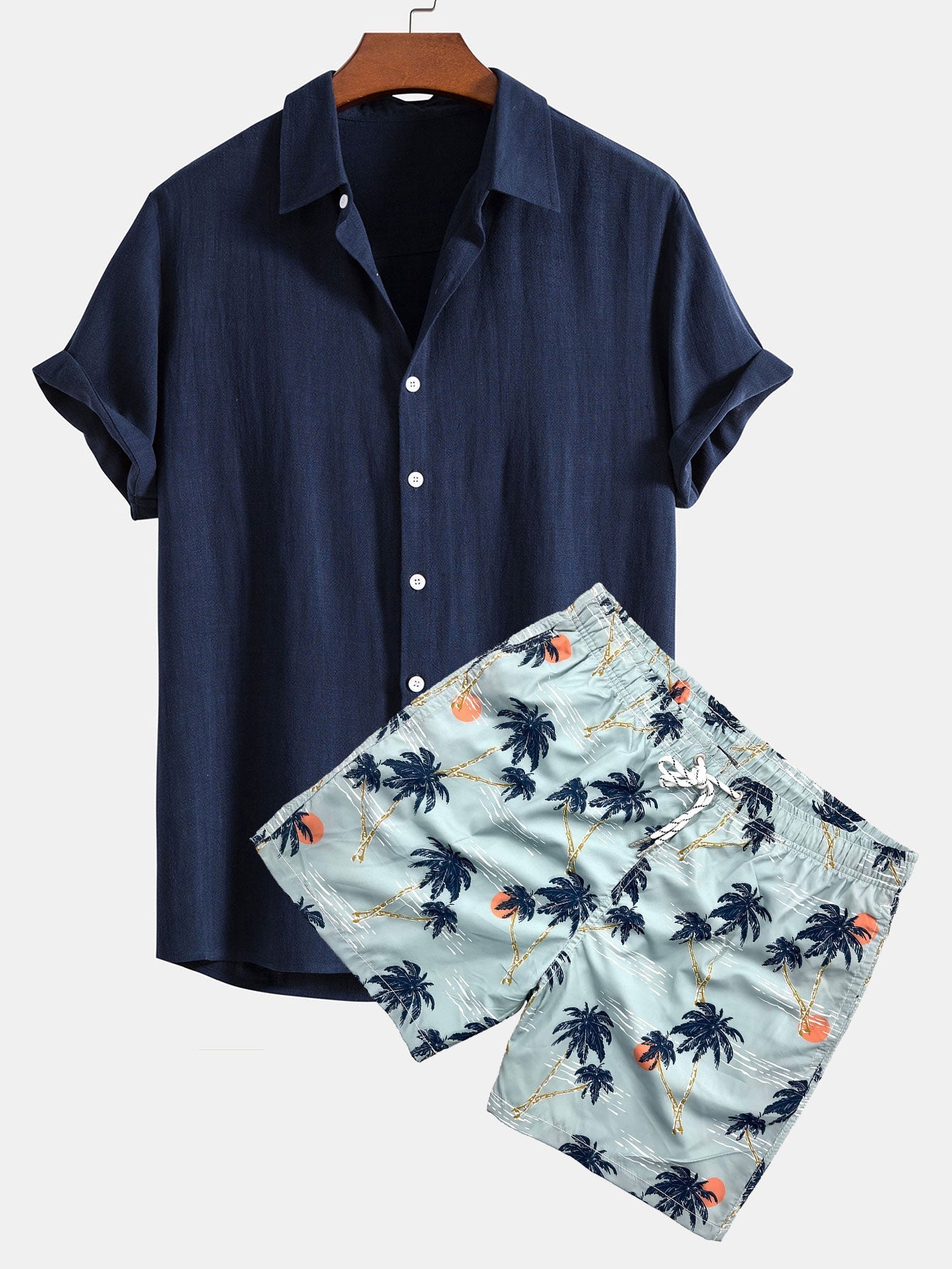 Basilio® | Linen Rayon Blend Button Up Shirt & Palm Tree Sunset Print Swim Shorts
