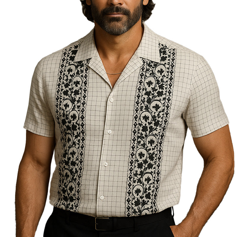 Ross | Men'S Summer Fashion Embroidered Check Linen Short Sleeve Shirt