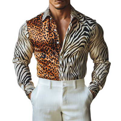Julian | Men'S Stylish Casual Satin Leopard And Zebra Print Slim Fit Long Sleeve Shirt