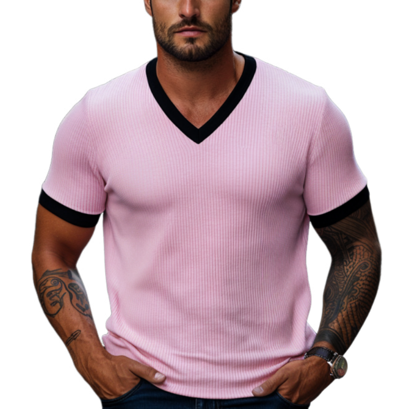 Henry | Men'S Skin-Friendly Ottoman Rib Colorblock Slim Fit V Neck Short Sleeve T-Shirt