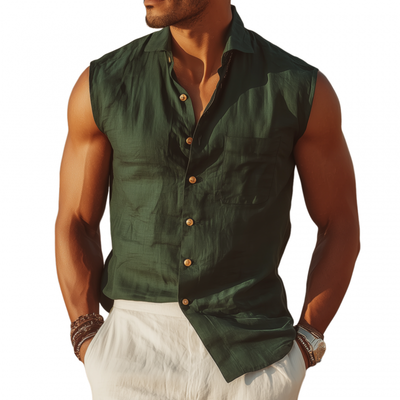 Bill | Men'S Casual Solid Color Cotton Linen Lapel Patch Pocket Slim Fit Sleeveless Shirt