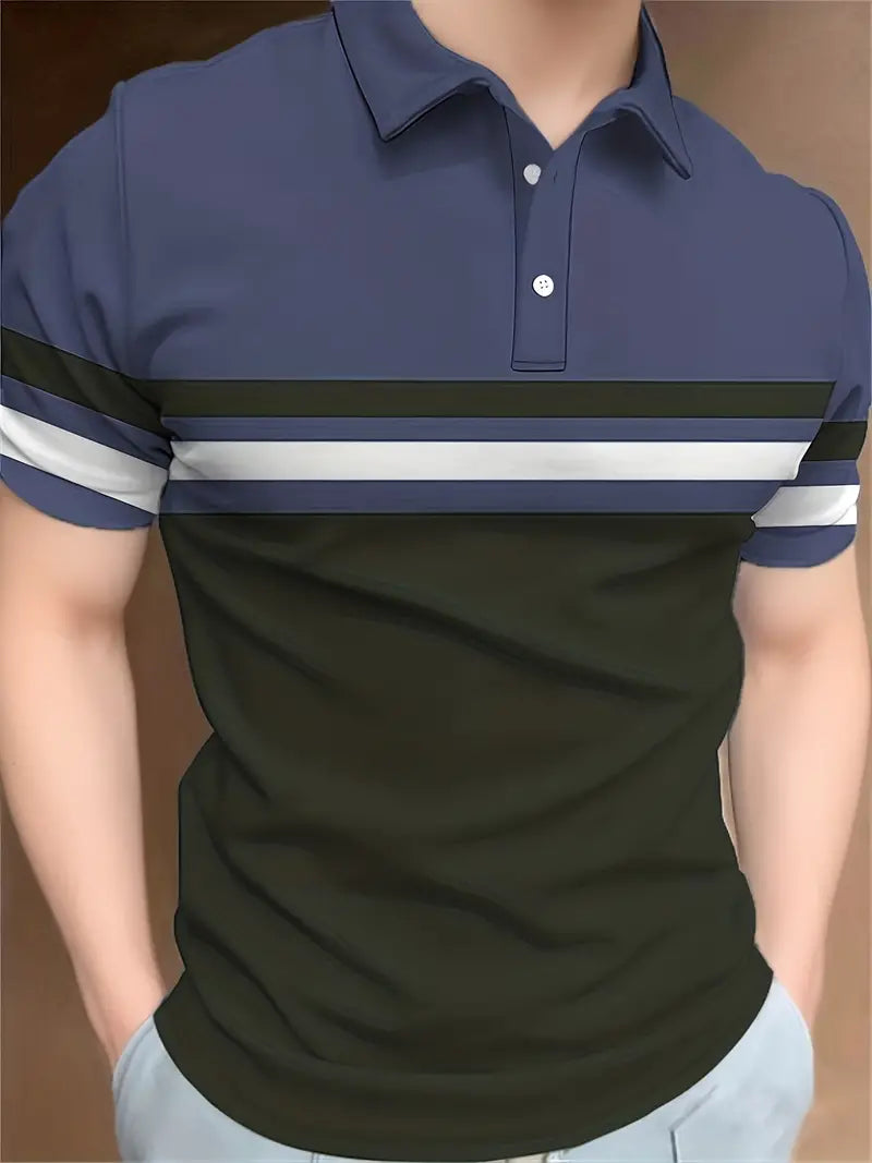 Lysandra® | Trendy Color Block Short Sleeve Shirt With A Striped Pattern