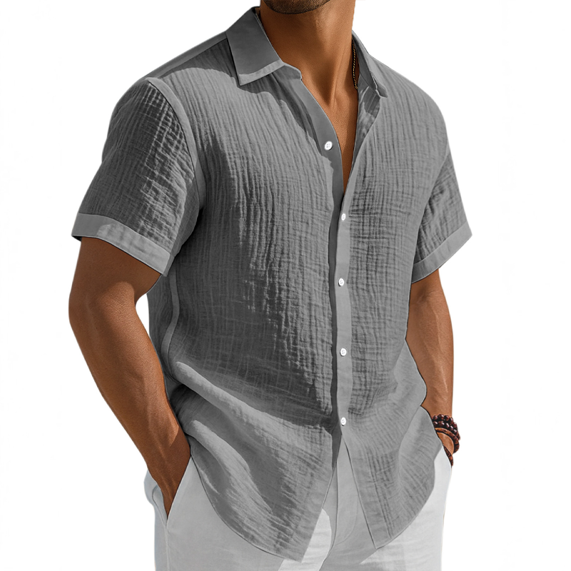 Herbert | Men'S Washed Cotton Solid Color Casual Short Sleeve Shirt
