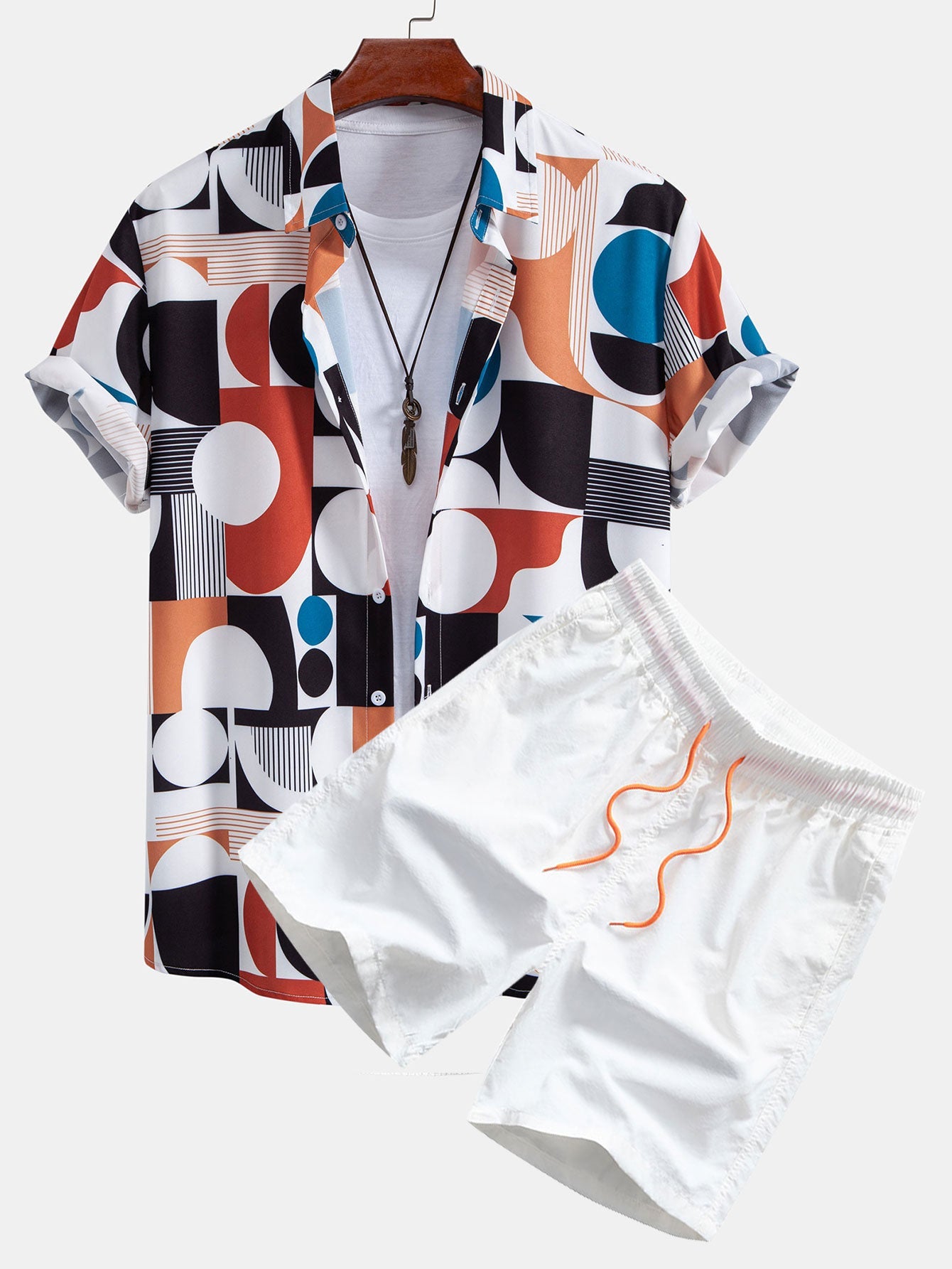 Rodrigo® | Color Block Geometry Print Button Up Shirt & Drawstring Swim Shorts