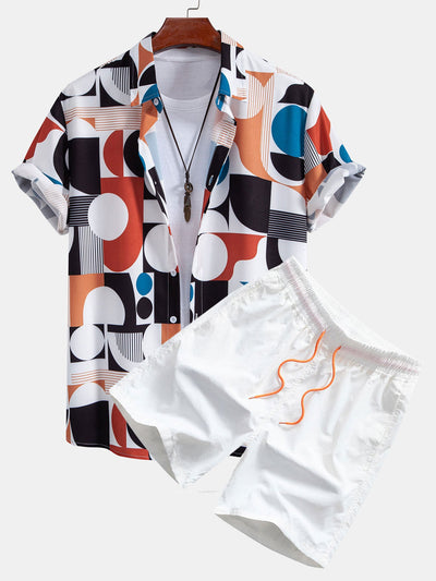 Rodrigo® | Color Block Geometry Print Button Up Shirt & Drawstring Swim Shorts