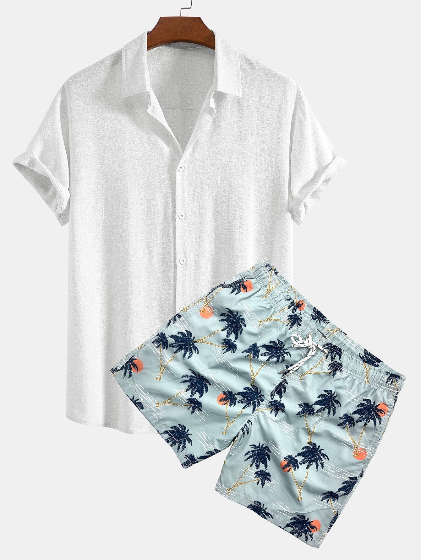 Basilio® | Linen Rayon Blend Button Up Shirt & Palm Tree Sunset Print Swim Shorts