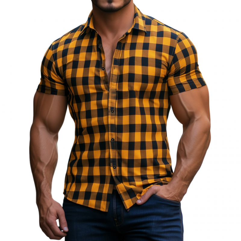 Vince | Men'S Casual Breathable Cotton Plaid Lapel Slim Fit Short Sleeve Shirt