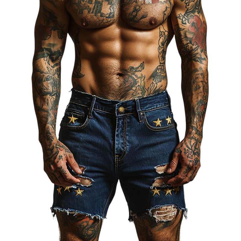 Olaf | Men'S Star Embroidered Ripped Denim Shorts