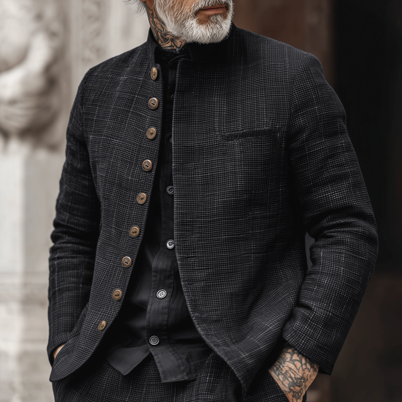 Men's Woven Textred Plaid Stand Collar Single-Breasted Jacket