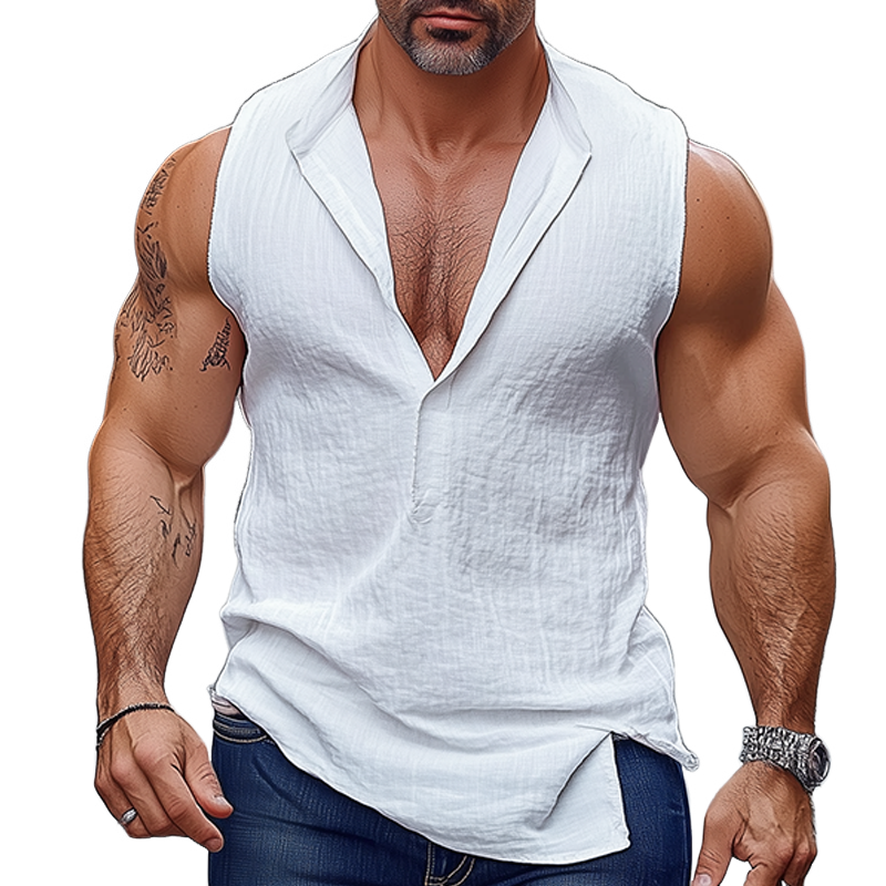 Jason | Men'S Retro Casual Solid Color Linen V-Neck Tank Top