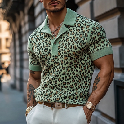 Men's Fashion Leopard Printnitted Short-sleeved Polo Shirt