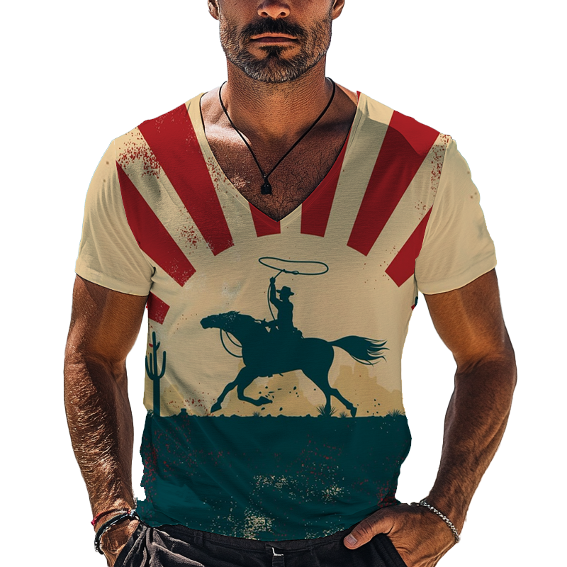 Nicholas | Men'S Western Cowboy Style Printed Short-Sleeved V-Neck T-Shirt