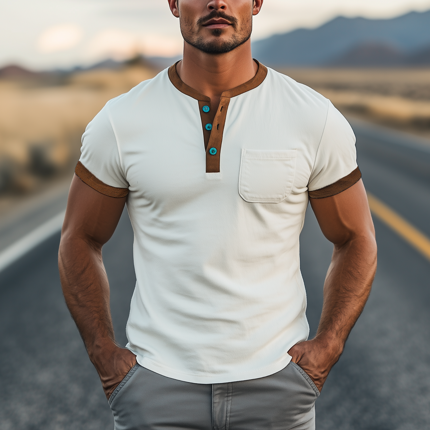 Roscoe | Men'S Spring And Summer Casual Henley Collar Thin Suede Splicing Slim Short Sleeve T-Shirt