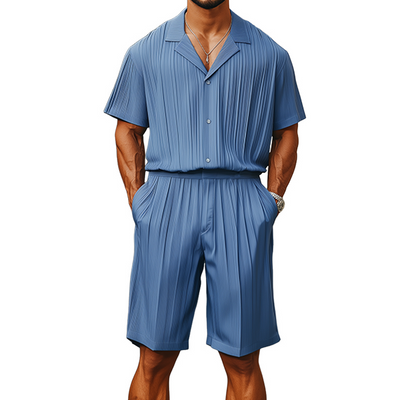 Javier | Men'S Spring And Summer Fashion Casual Cool Pleated Fabric Short-Sleeved Shirt Length To Knee Shorts Set