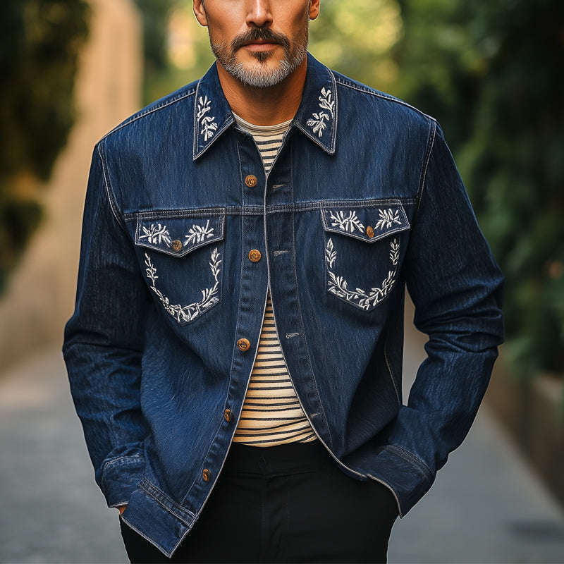 Jamal | Men'S Silver Vintage Embroidery Long Sleeve Denim Shirt