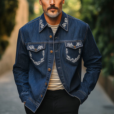 Jamal | Men'S Silver Vintage Embroidery Long Sleeve Denim Shirt