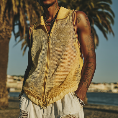 Mitchell | Men'S Spring And Summer Fashion Casual Mesh Zipper Lapel Embroidered Sleeveless Shirt
